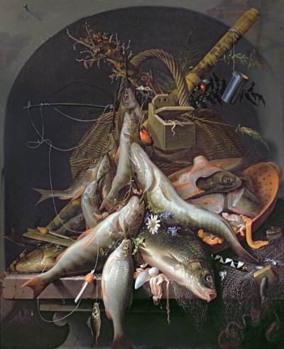 A Still Life of Fish and Fishing Tackle by Abraham Mignon